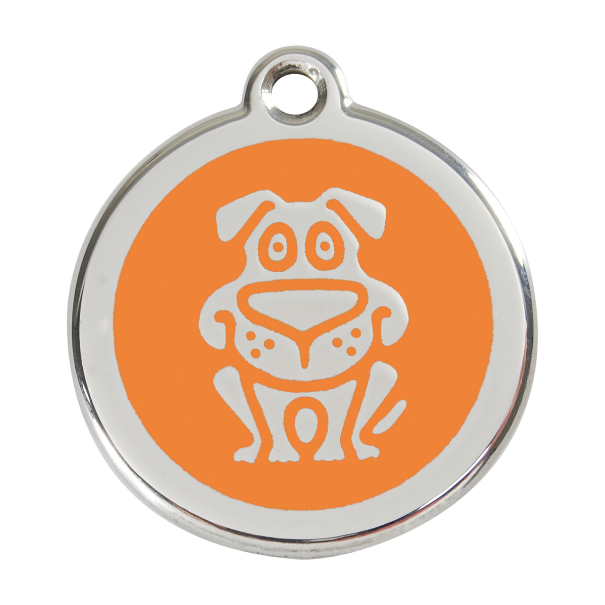 Red Dingo dog ID tag in orange enamel with happy dog face icon