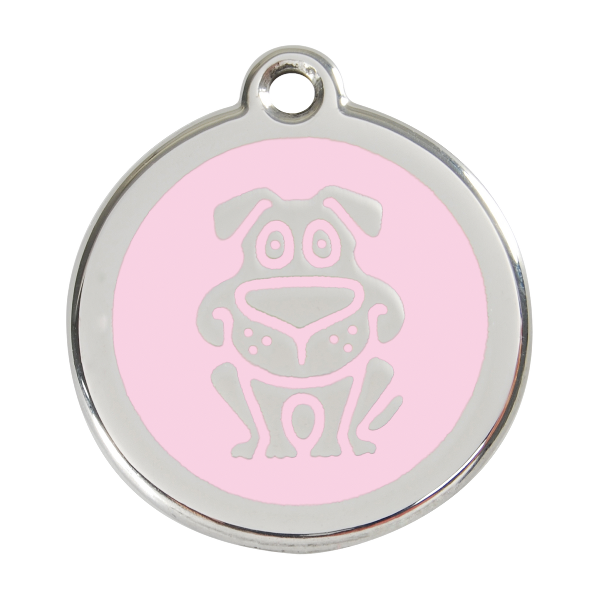 Red Dingo dog ID tag in light pink enamel with happy dog face icon