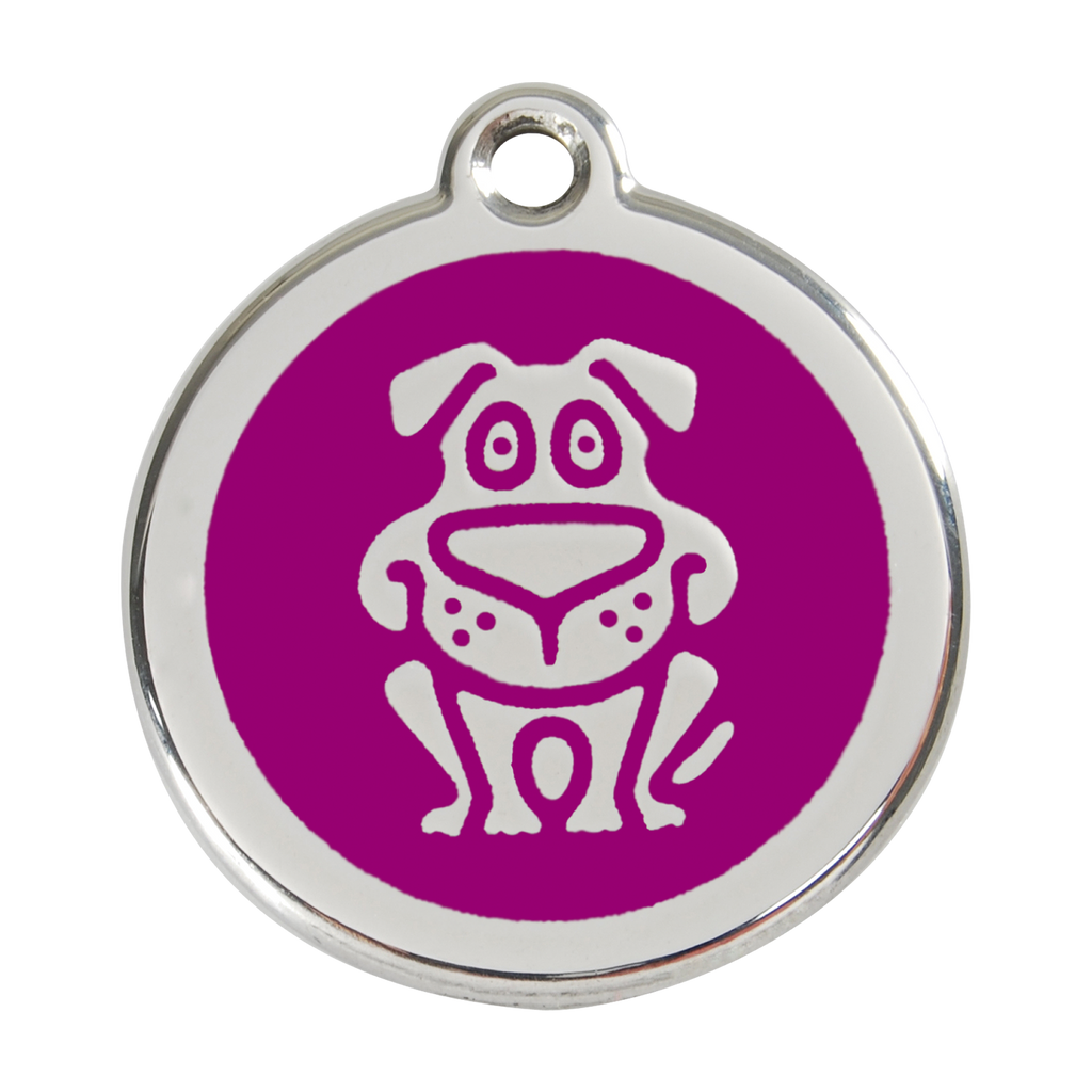 Red Dingo dog ID tag in purple enamel with happy dog face icon