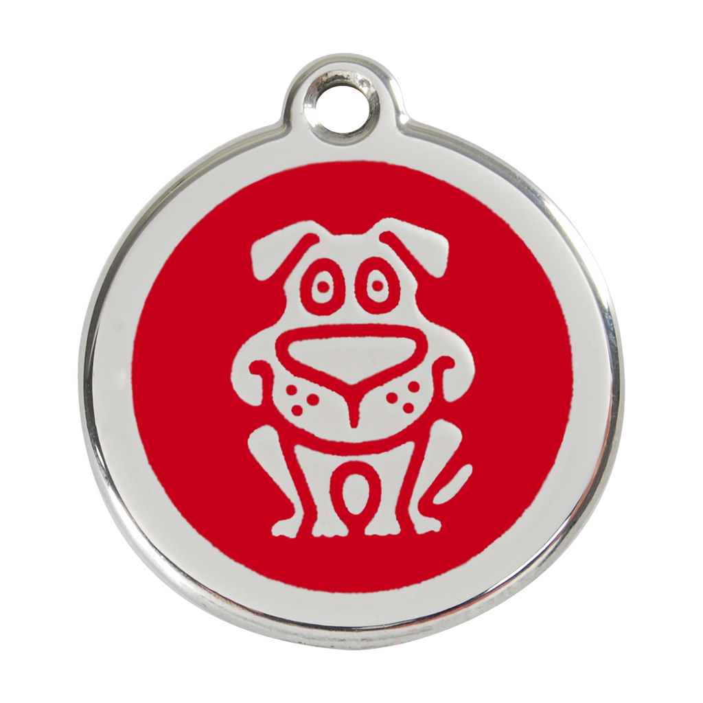 Red Dingo dog ID tag in red enamel with happy dog face icon