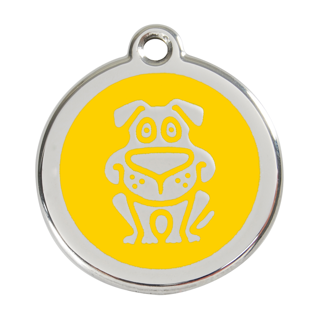 Red Dingo stainless steel enamel dog ID tag, yellow happy dog face