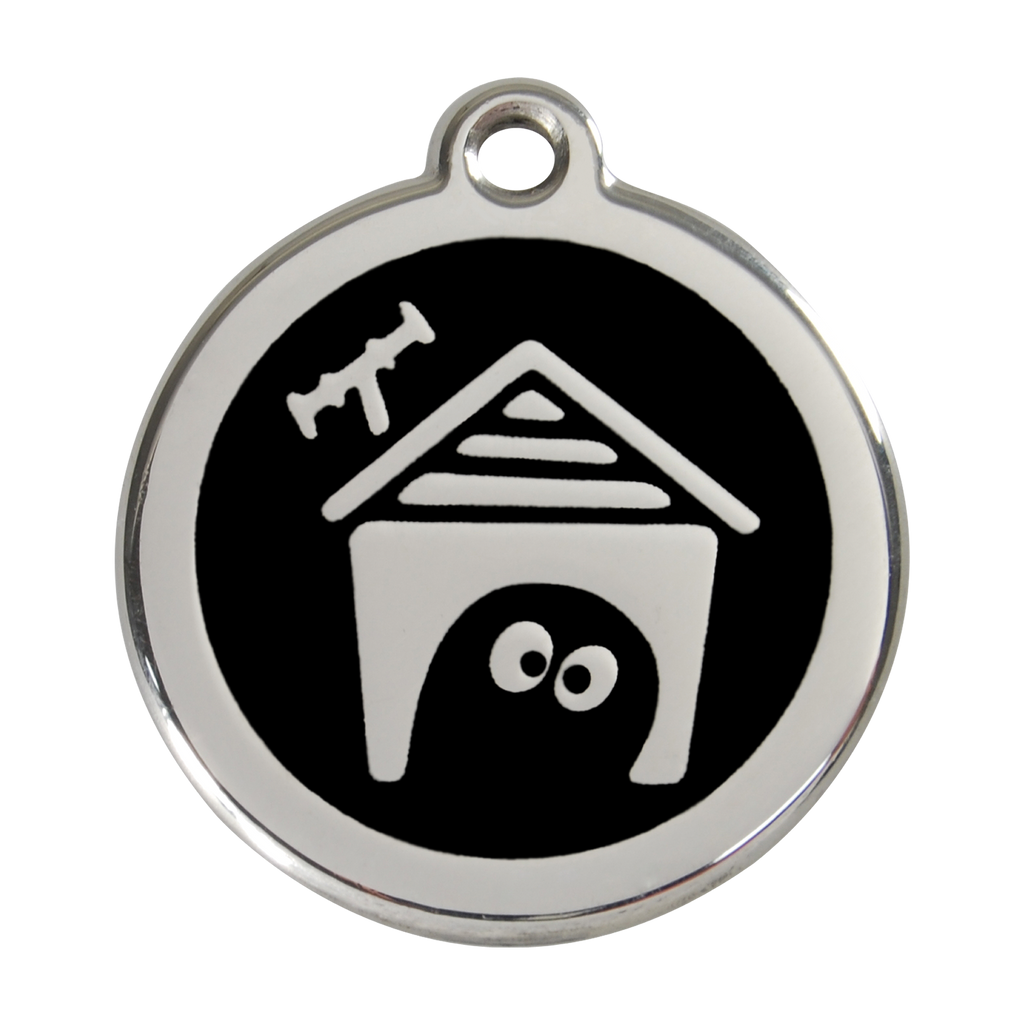 Black enamel dog house pet ID tag with stainless steel border and hanging hole