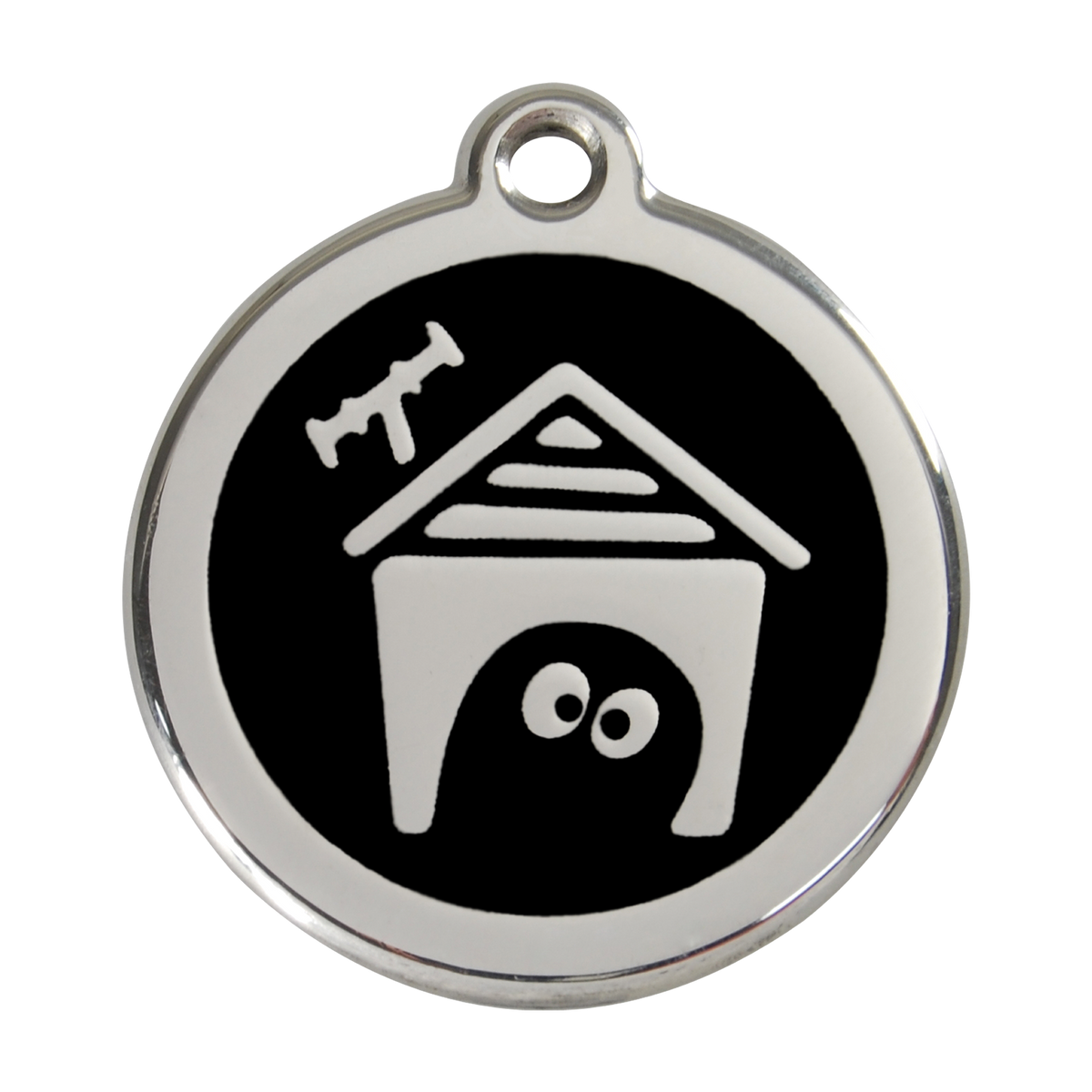 Black enamel dog house pet ID tag with stainless steel border and hanging hole