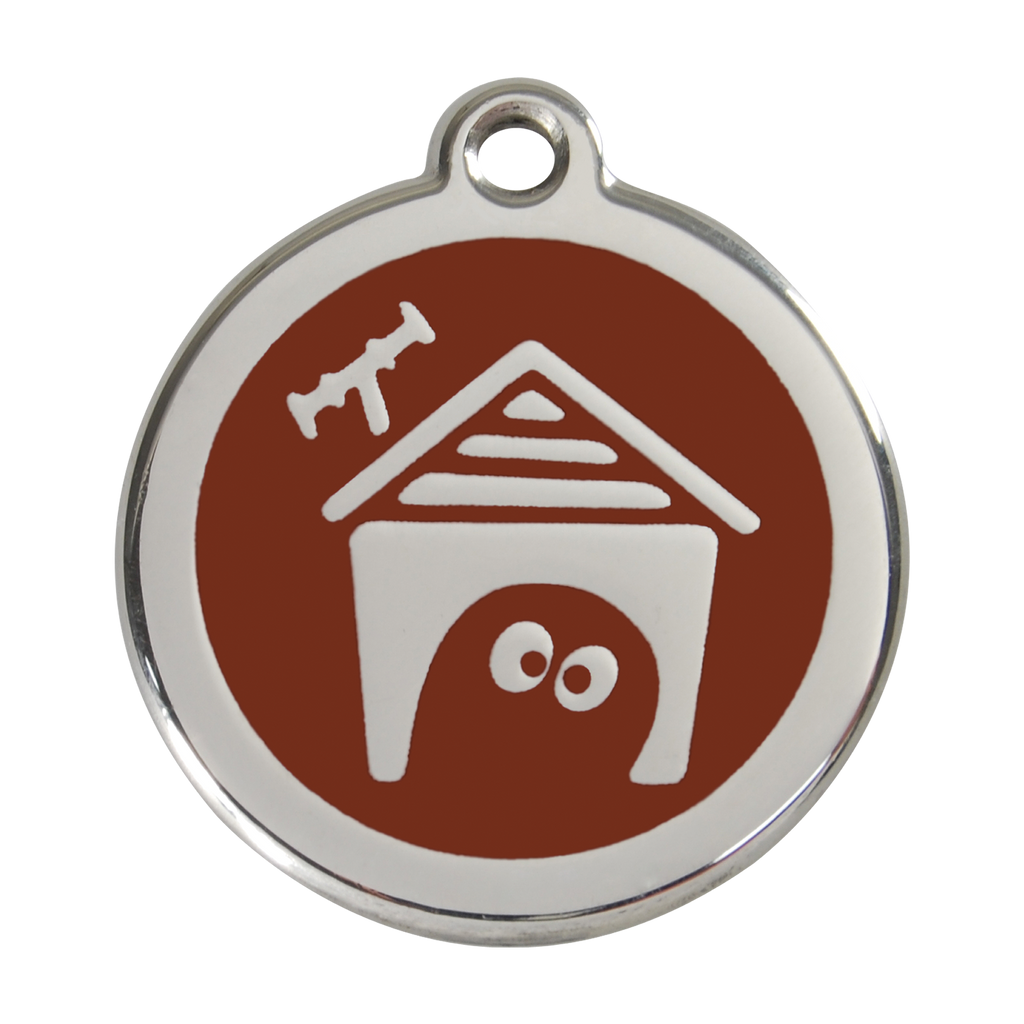 Brown enamel dog house pet ID tag with stainless steel border and hanging hole