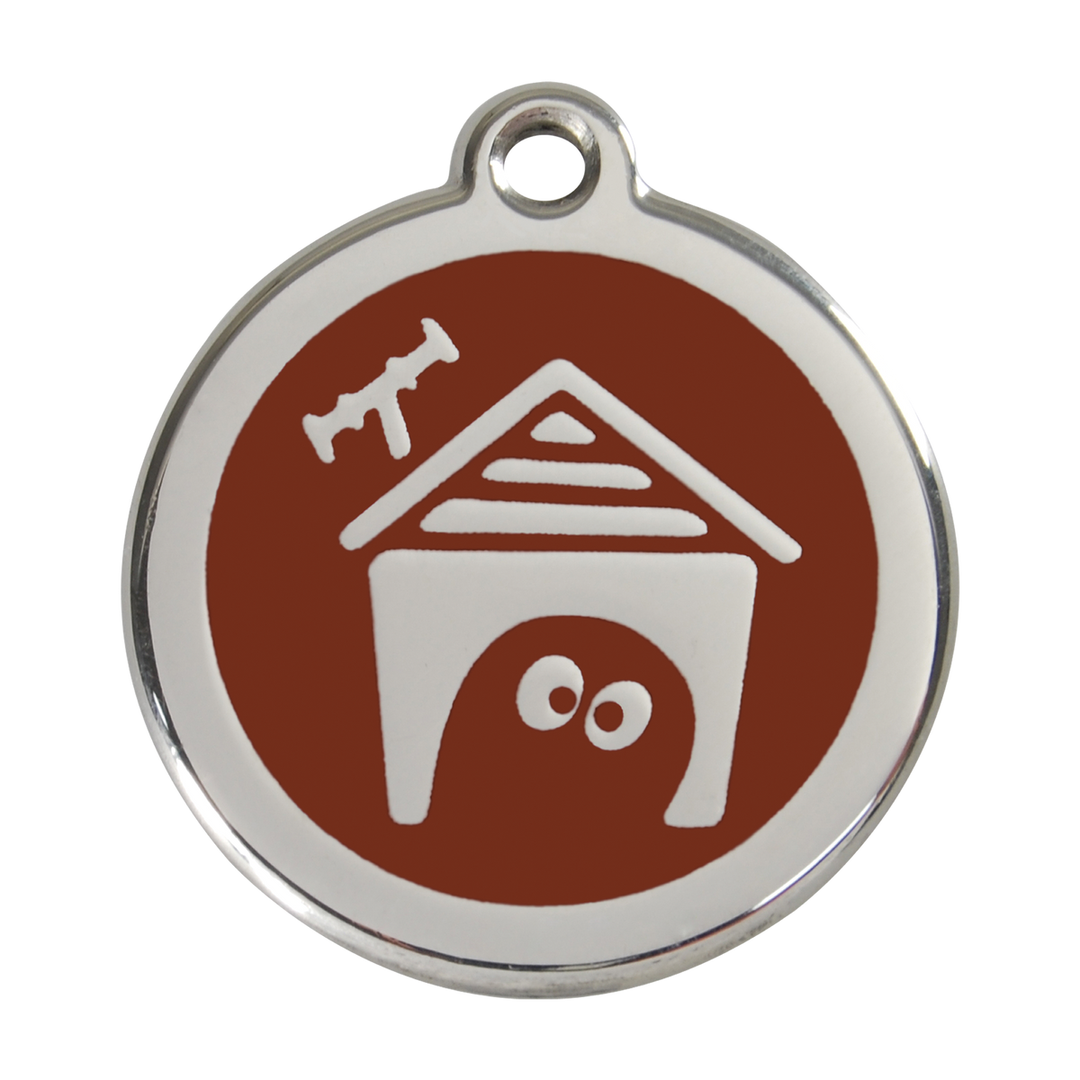 Brown enamel dog house pet ID tag with stainless steel border and hanging hole