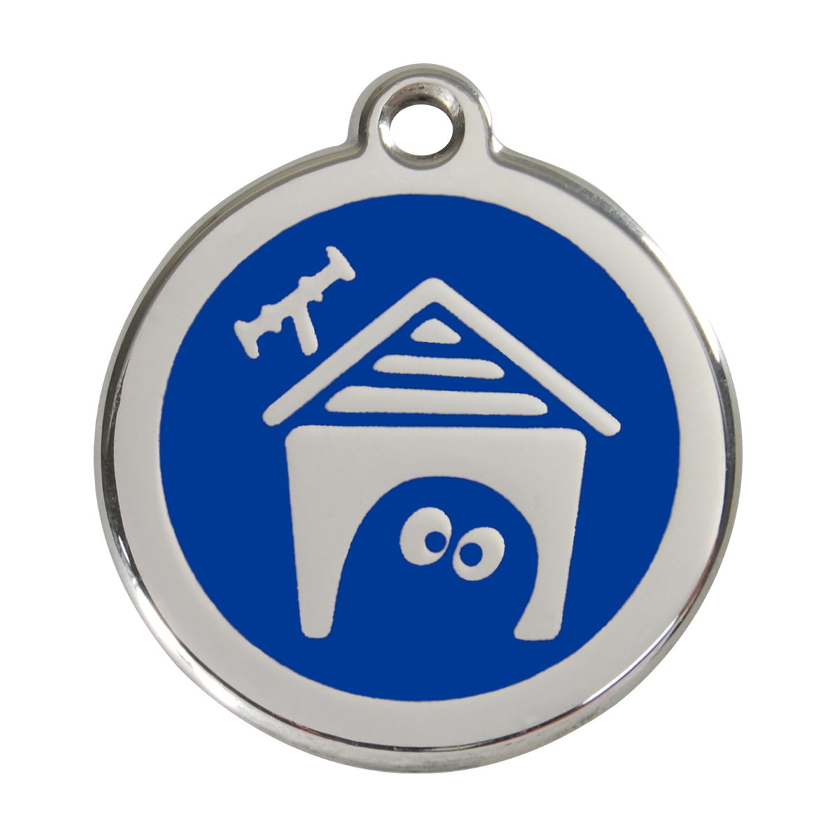 Blue enamel dog house pet ID tag with stainless steel border and hanging hole