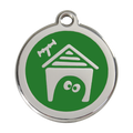 Green enamel dog house pet ID tag with stainless steel border and hanging hole