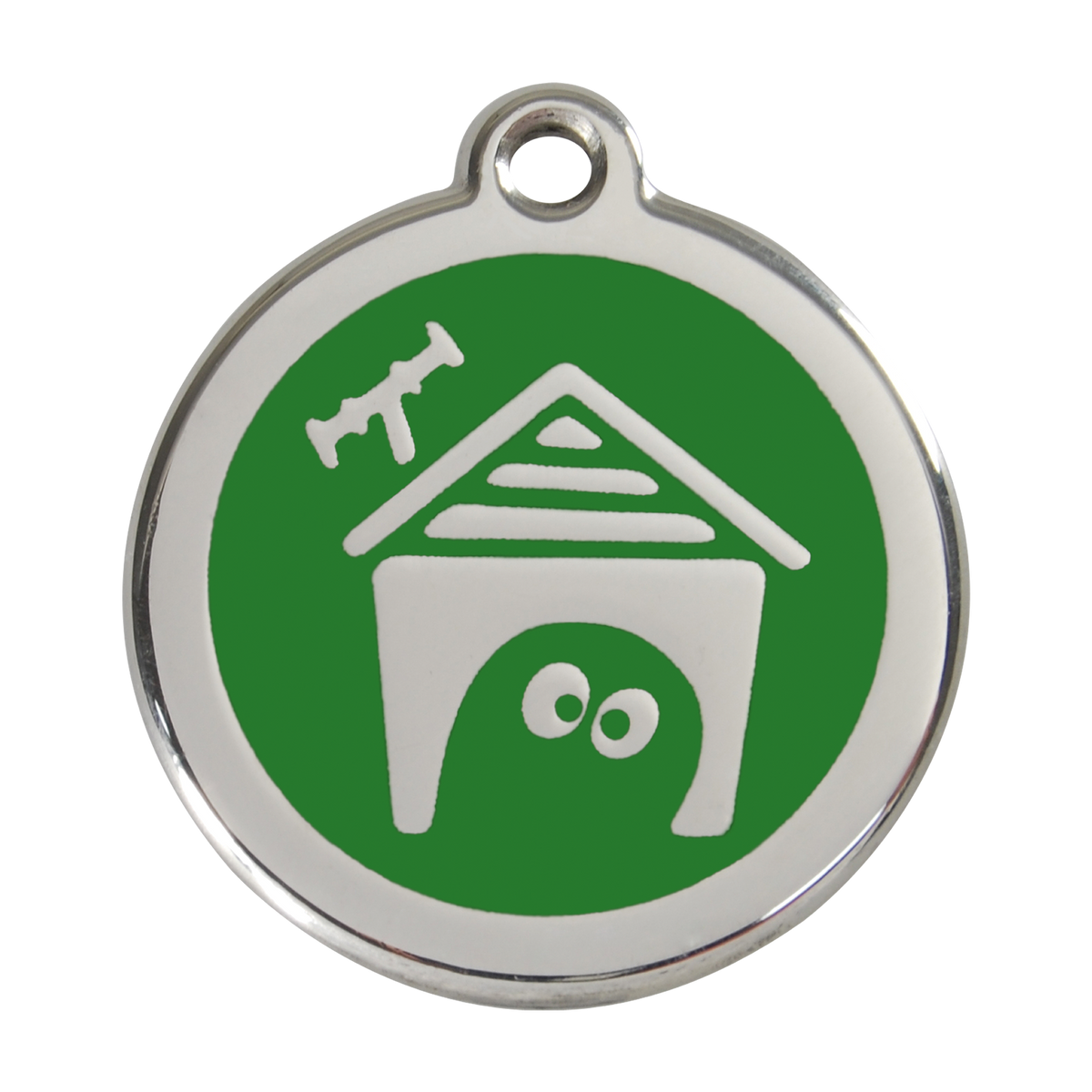 Green enamel dog house pet ID tag with stainless steel border and hanging hole