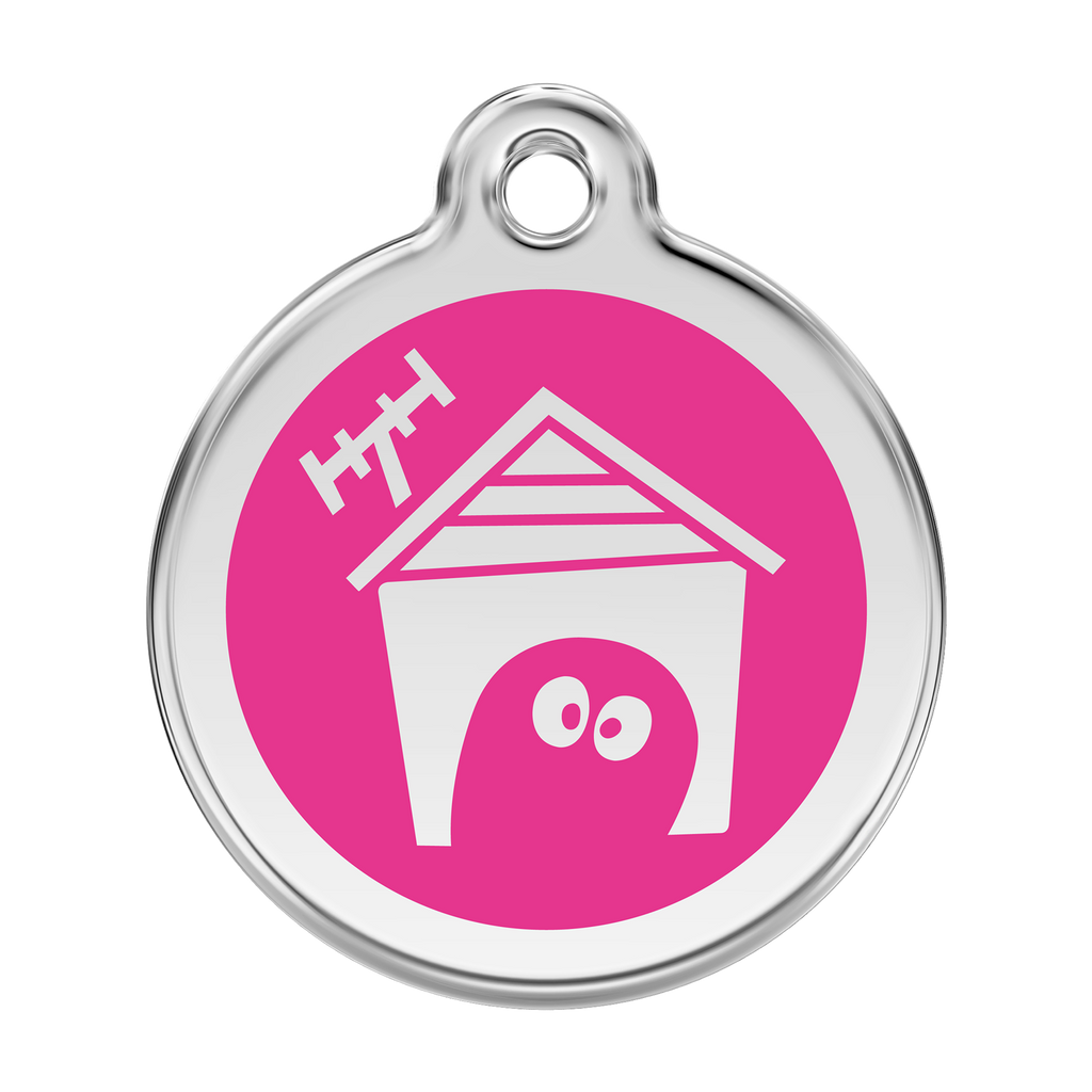 Pink enamel dog house pet ID tag with stainless steel border and hanging hole
