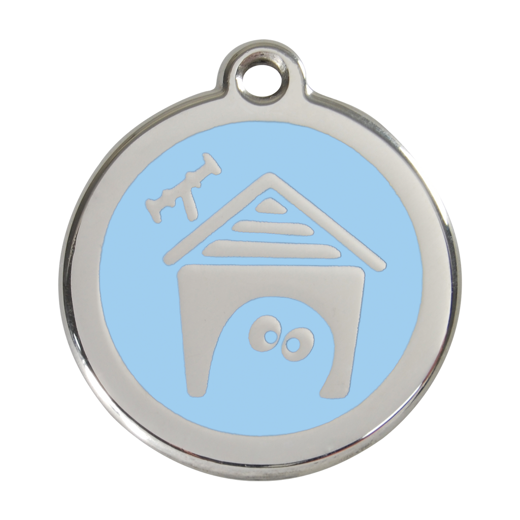 Light blue enamel dog house pet ID tag with stainless steel border and hanging hole