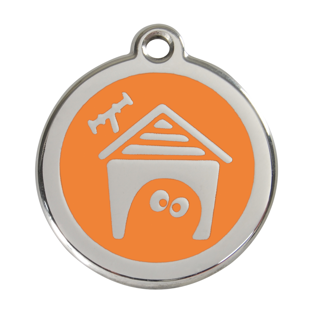 Orange enamel dog house pet ID tag with stainless steel border and hanging hole