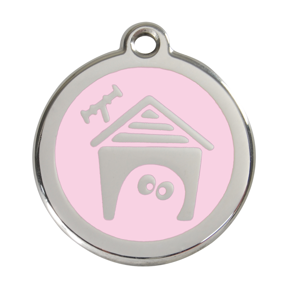 Light pink enamel dog house pet ID tag with stainless steel border and hanging hole