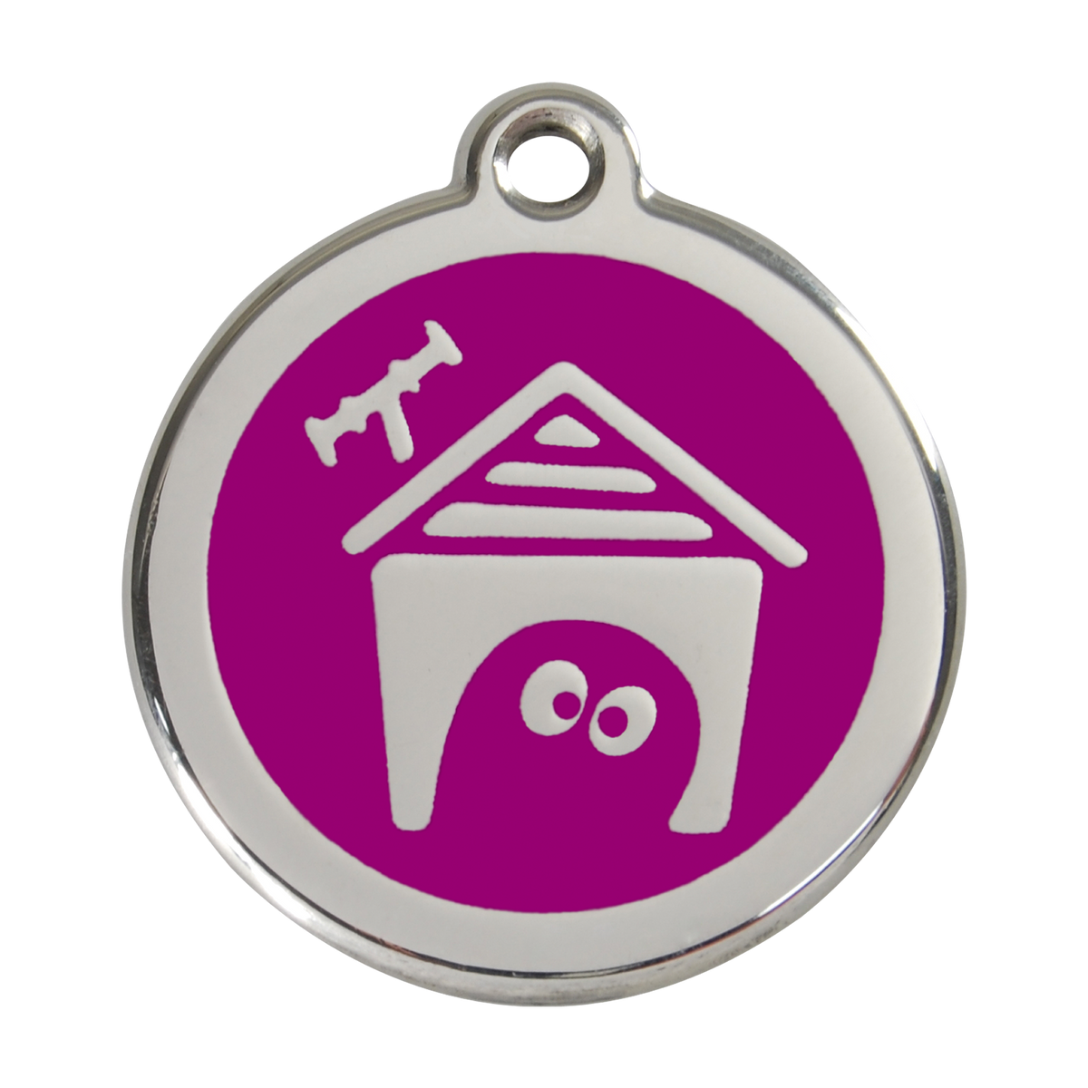 Purple enamel dog house pet ID tag with stainless steel border and hanging hole