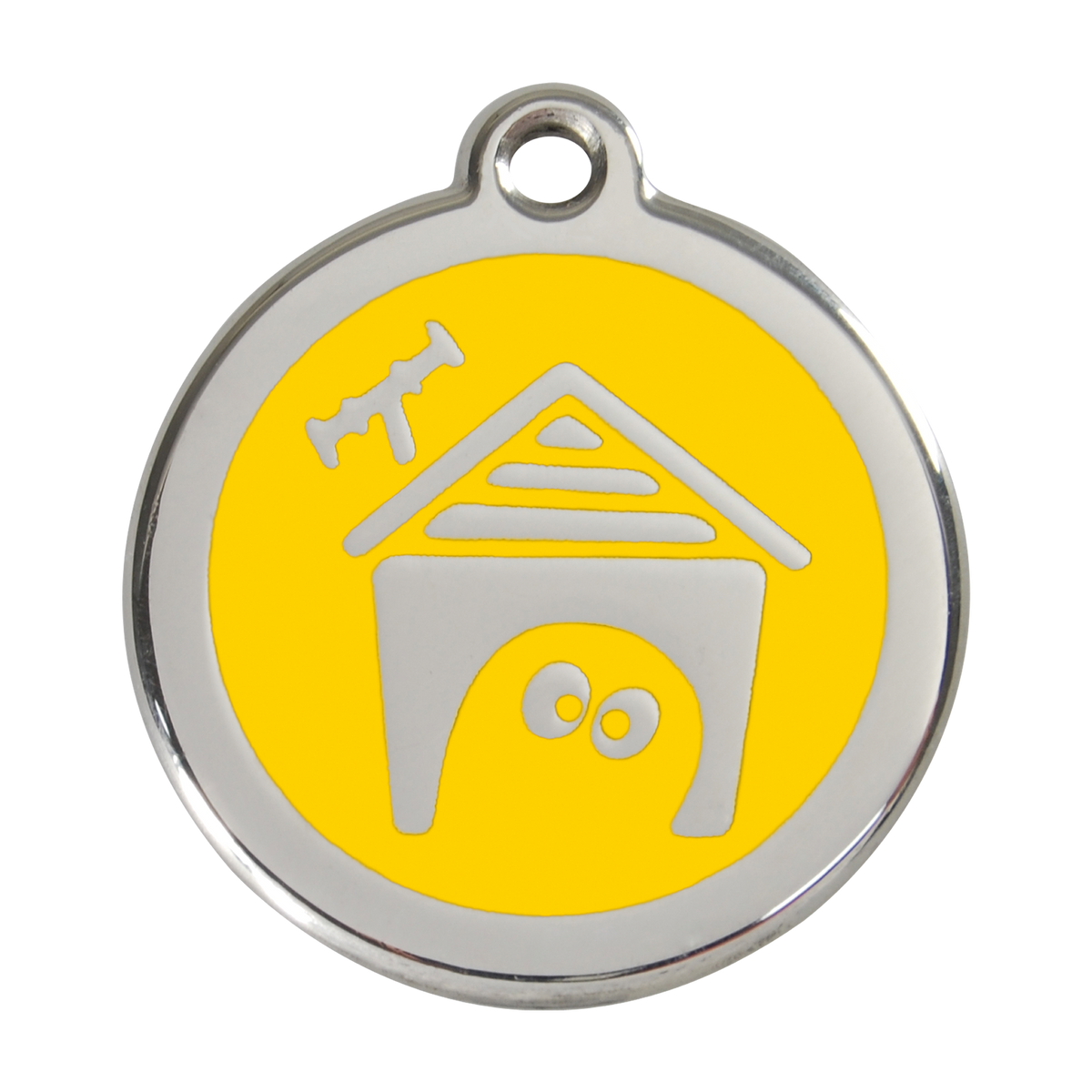 Red Dingo round dog ID tag, yellow enamel with house icon, stainless steel edge