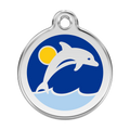 Stainless steel dolphin enamel dog ID tag with blue enamel circle and white dolphin