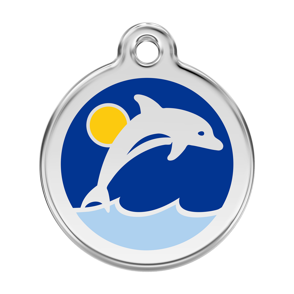 Stainless steel dolphin enamel dog ID tag with blue enamel circle and white dolphin