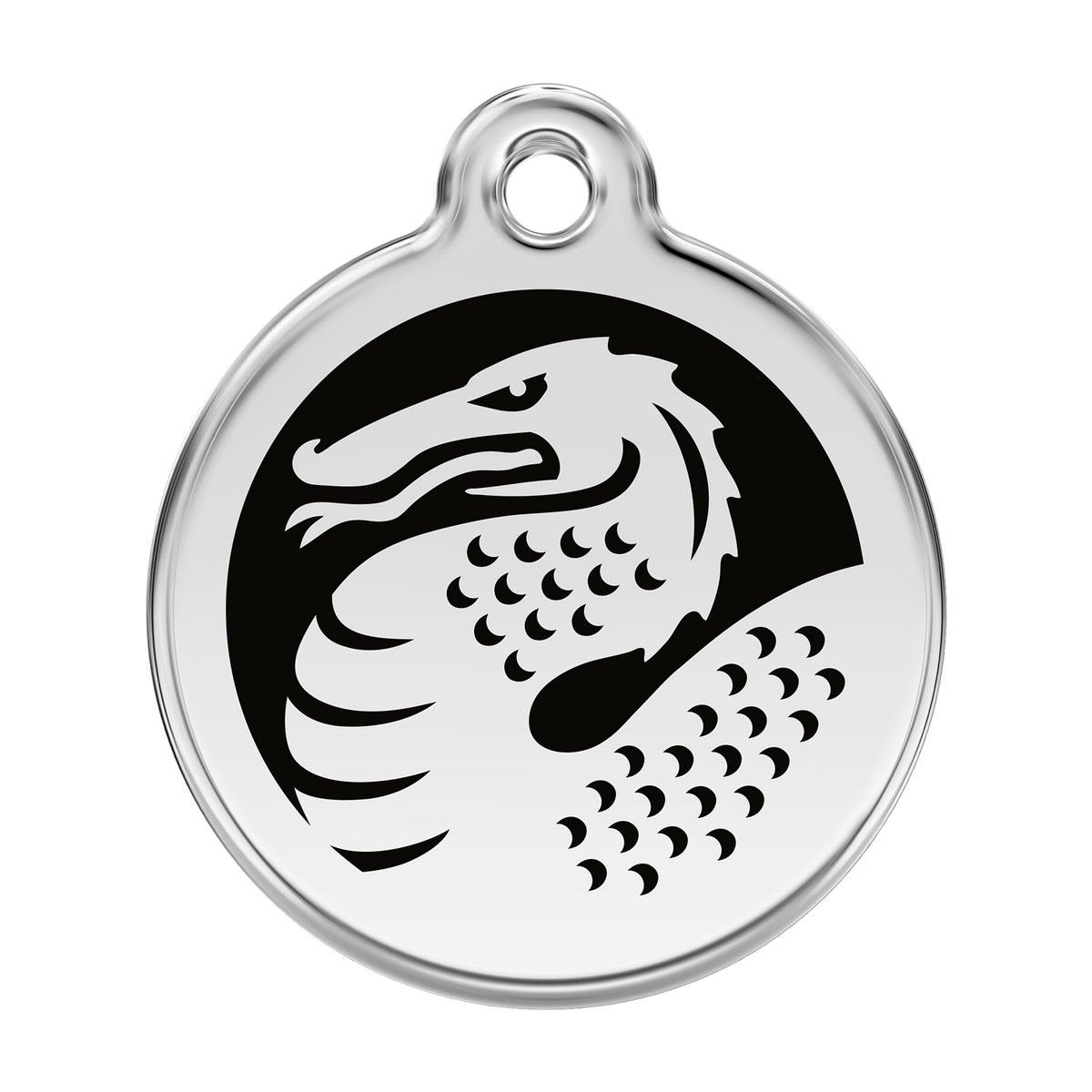 Red Dingo stainless steel dog ID tag with enamel black dragon design