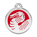 Stainless steel dog ID tag with red enamel dragon emblem and round ring