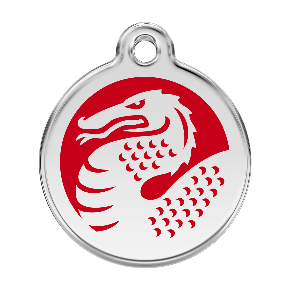Stainless steel dog ID tag with red enamel dragon emblem and round ring