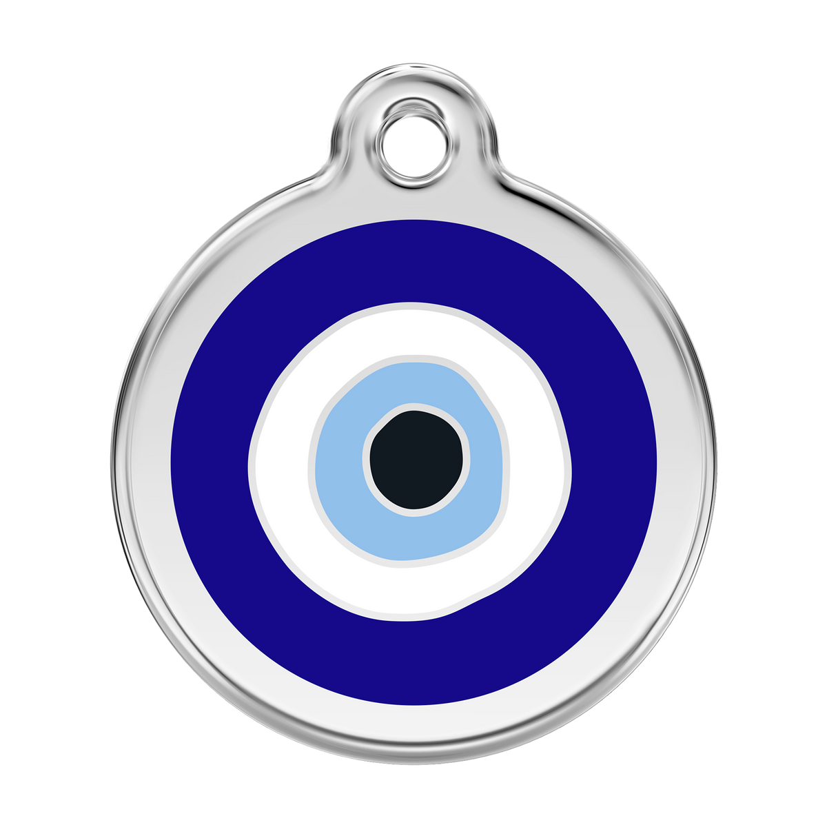 Stainless steel dog ID tag with blue evil eye enamel design