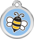 Light blue enamel dog ID tag with stainless steel edge and black bumble bee icon