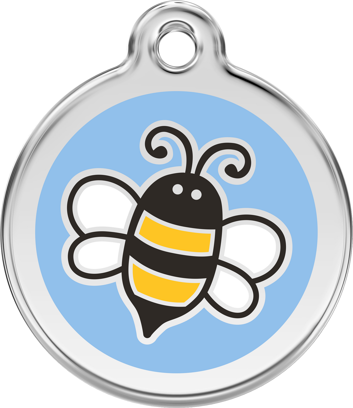 Light blue enamel dog ID tag with stainless steel edge and black bumble bee icon