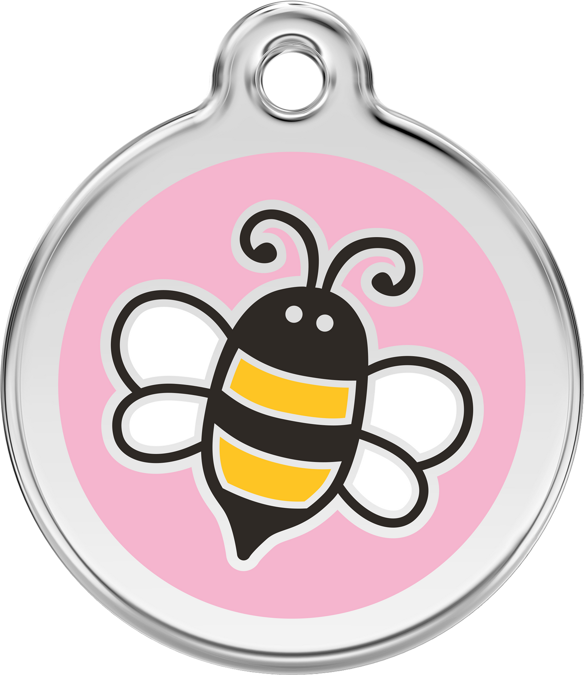 Pink enamel bumble bee dog ID tag with stainless steel loop