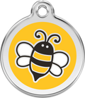 Round stainless steel dog ID tag with yellow enamel bumblebee design and hanging hole