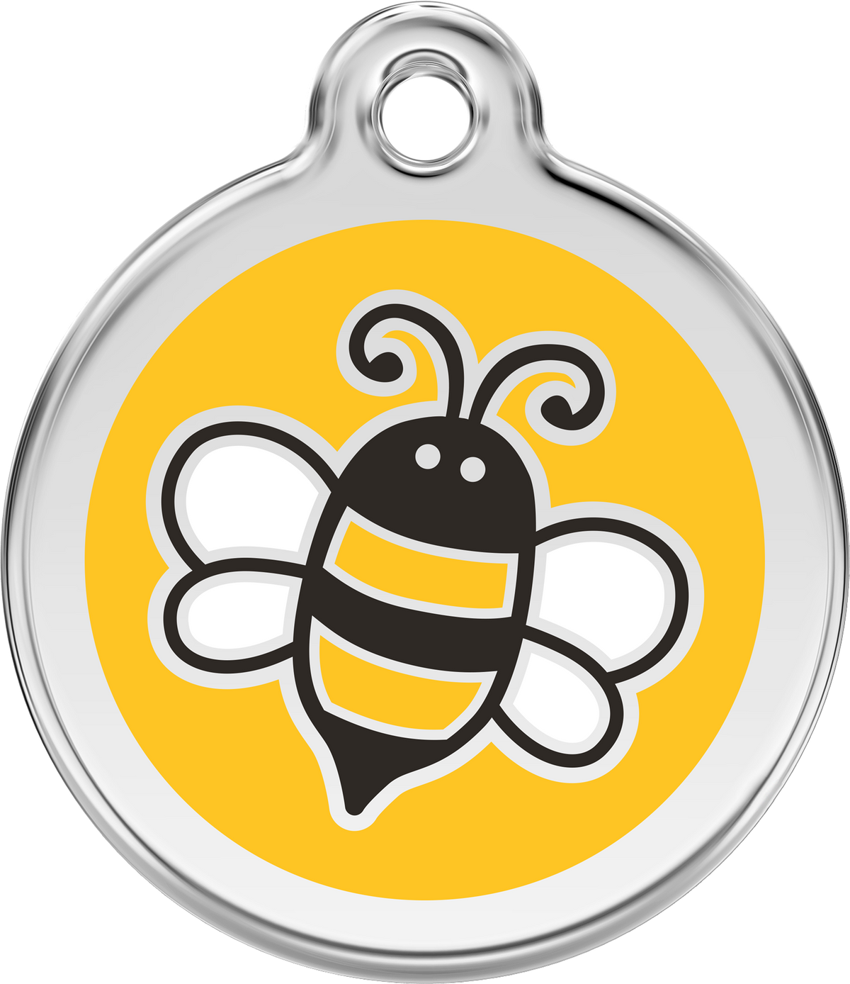 Round stainless steel dog ID tag with yellow enamel bumblebee design and hanging hole
