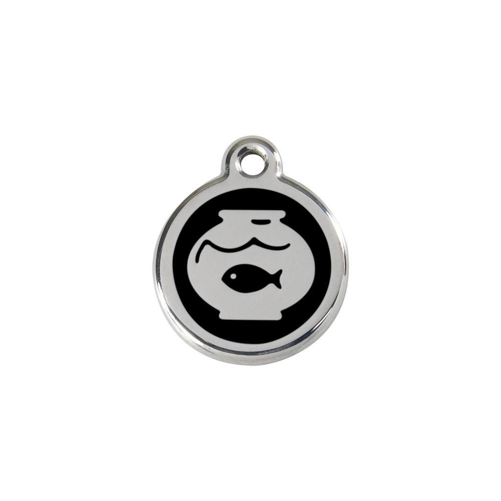 Stainless steel cat ID tag, fish-in-bowl icon with dark center and hanging hole