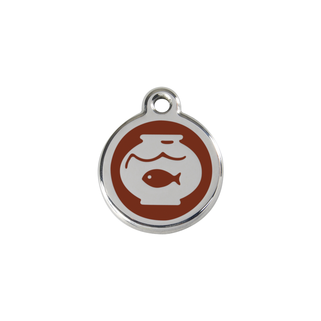 Stainless steel cat ID tag, fish-in-bowl icon with brown center and hanging hole
