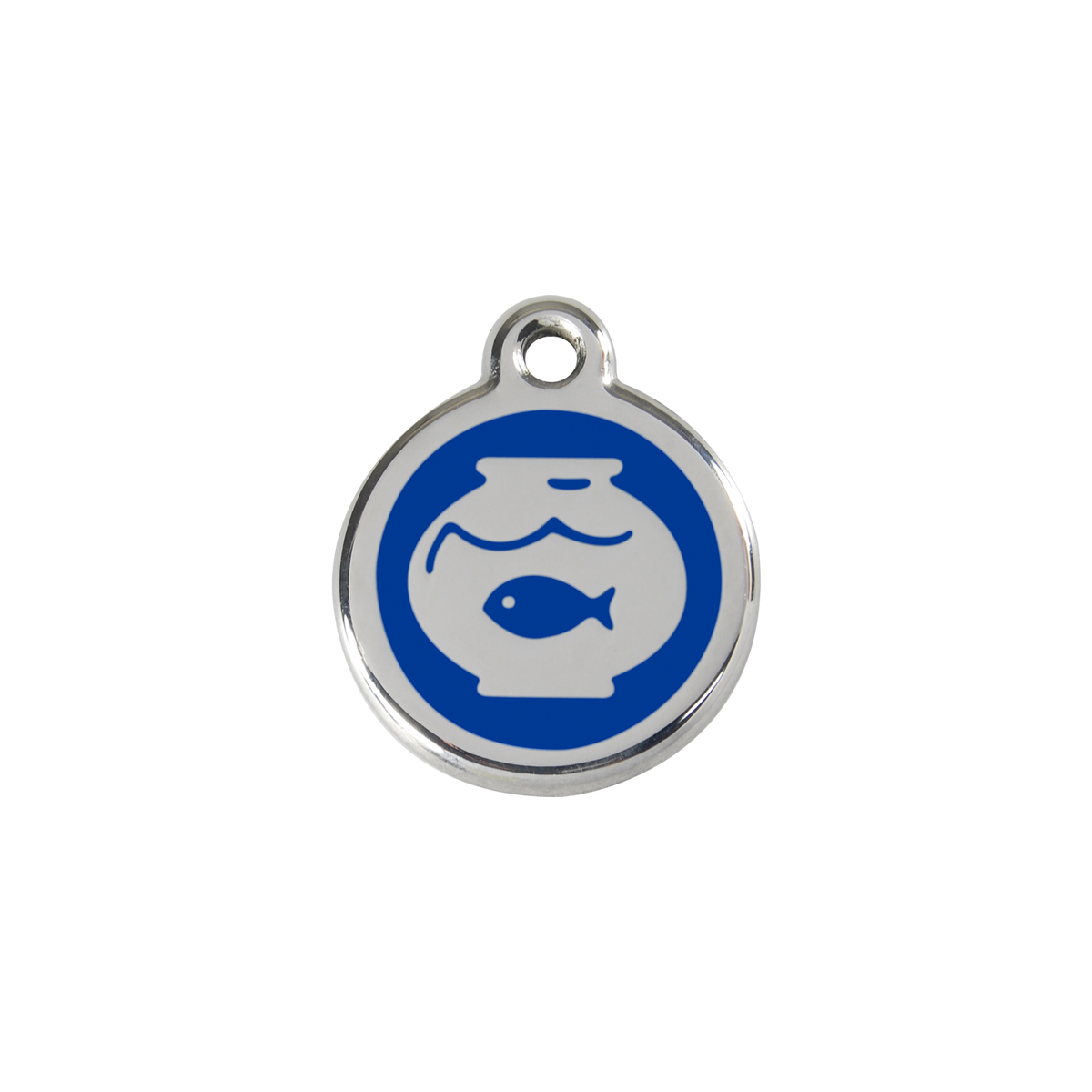 Stainless steel cat ID tag, fish-in-bowl icon with blue center and hanging hole