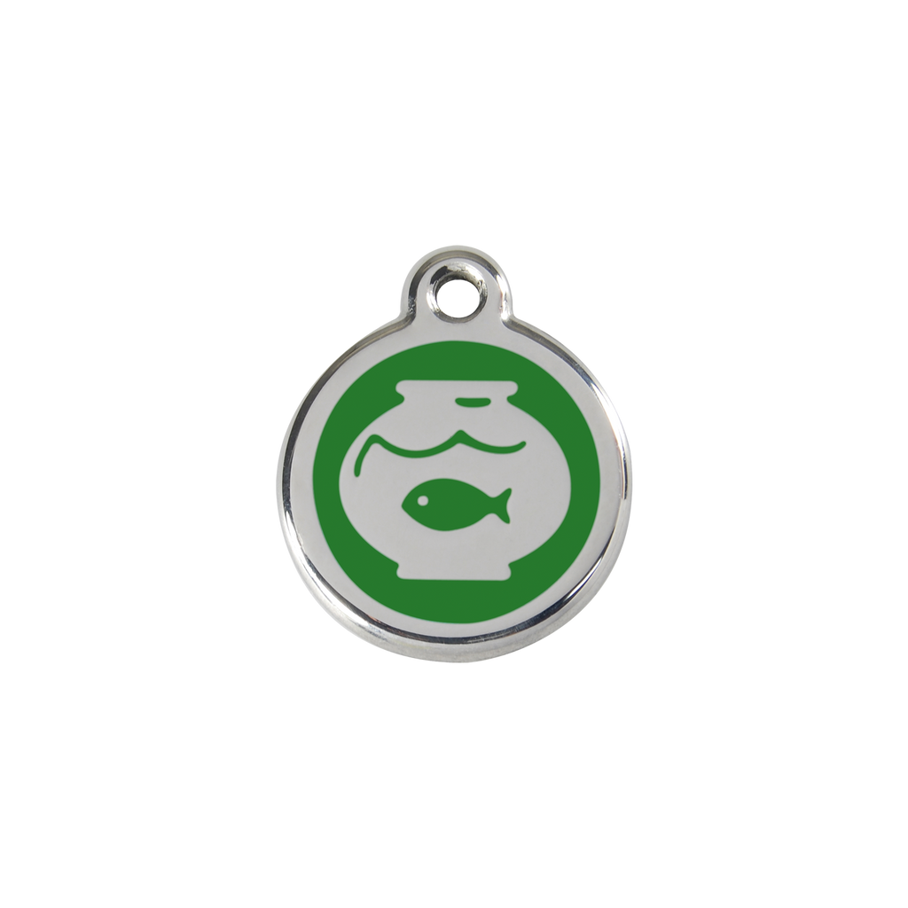 Stainless steel cat ID tag, fish-in-bowl icon with green center and hanging hole