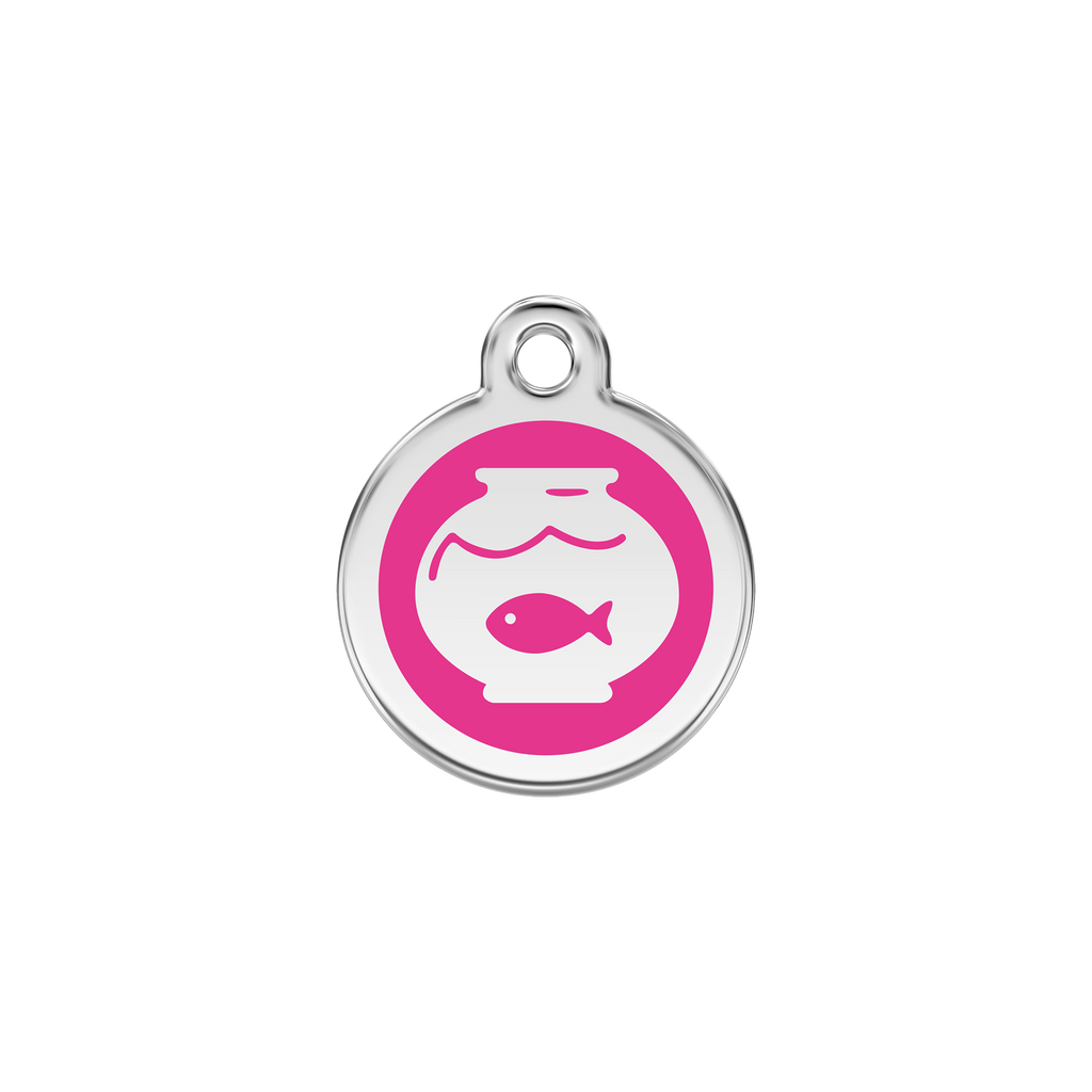 Stainless steel cat ID tag, fish-in-bowl icon with pink center and hanging hole