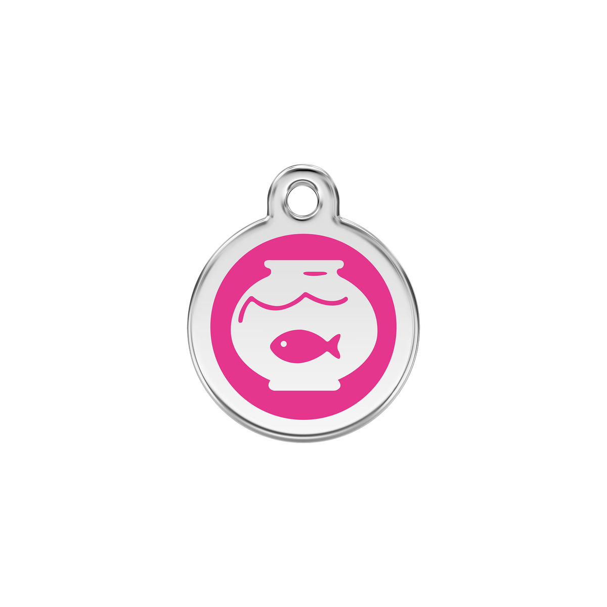 Stainless steel cat ID tag, fish-in-bowl icon with pink center and hanging hole