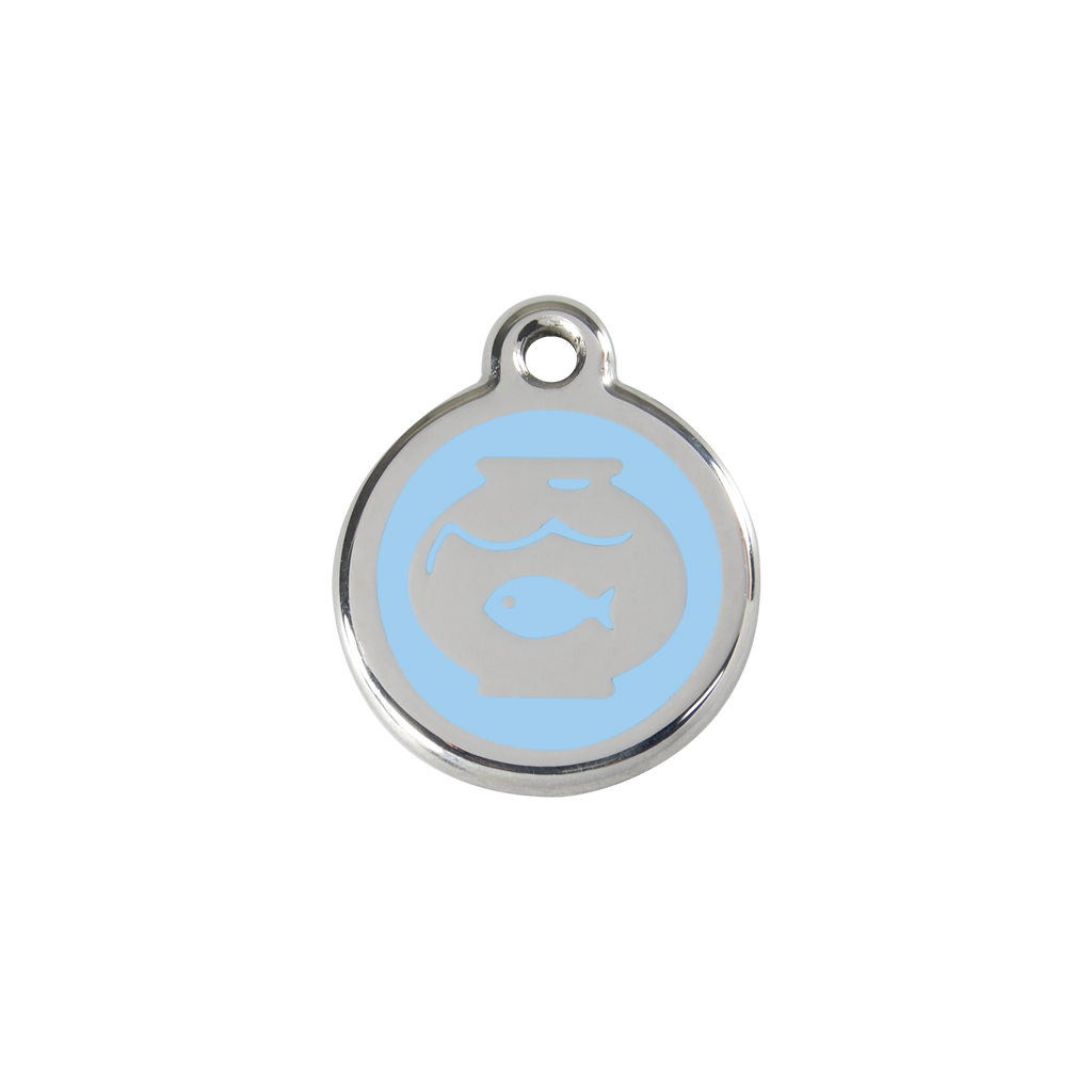 Stainless steel cat ID tag, fish-in-bowl icon with light-blue center and hanging hole