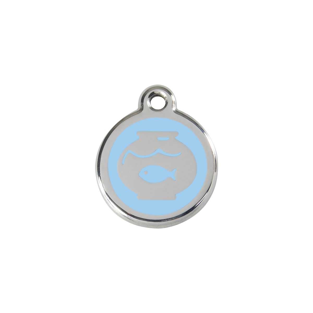 Stainless steel cat ID tag, fish-in-bowl icon with light-blue center and hanging hole