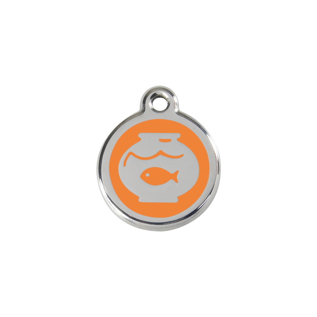 Stainless steel cat ID tag, fish-in-bowl icon with orange center and hanging hole