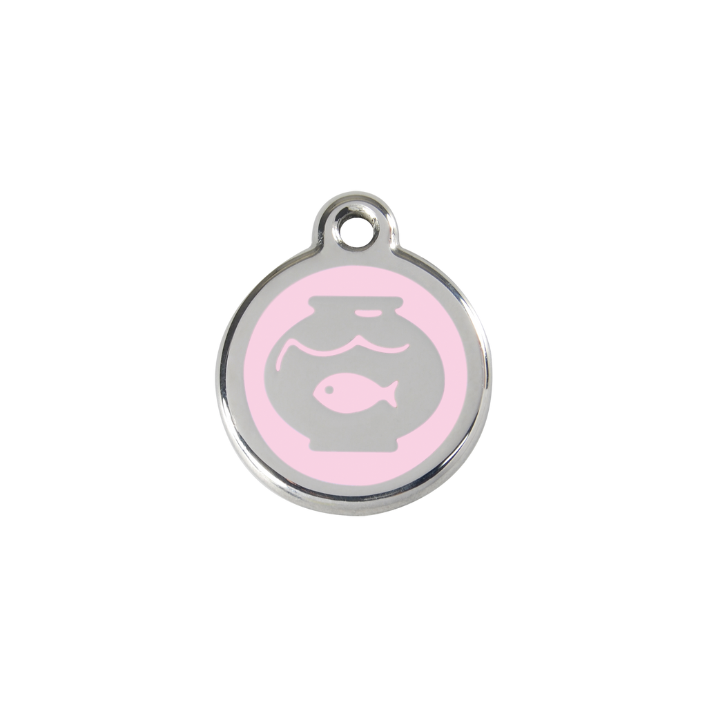 Stainless steel cat ID tag, fish-in-bowl icon with light-pink center and hanging hole