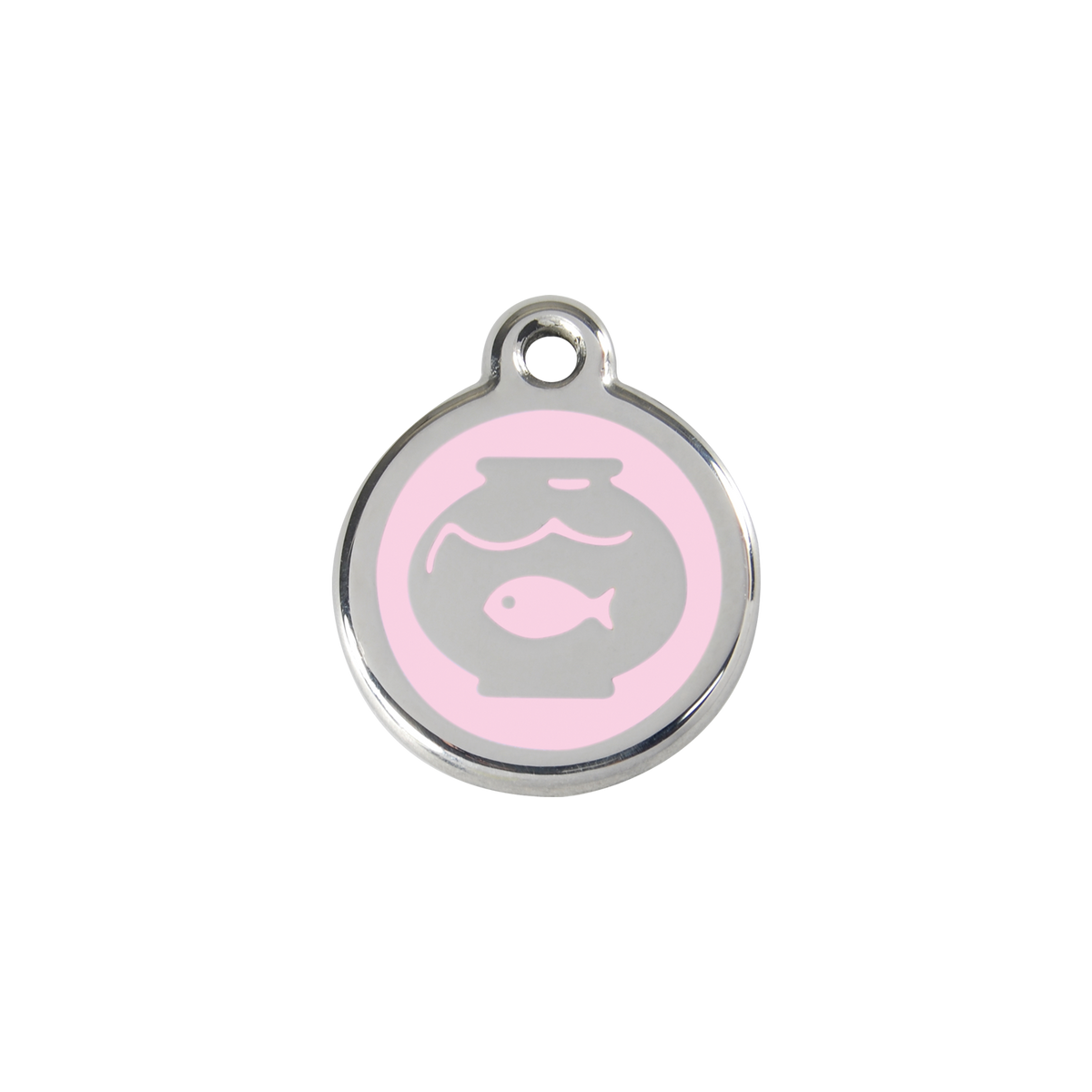 Stainless steel cat ID tag, fish-in-bowl icon with light-pink center and hanging hole