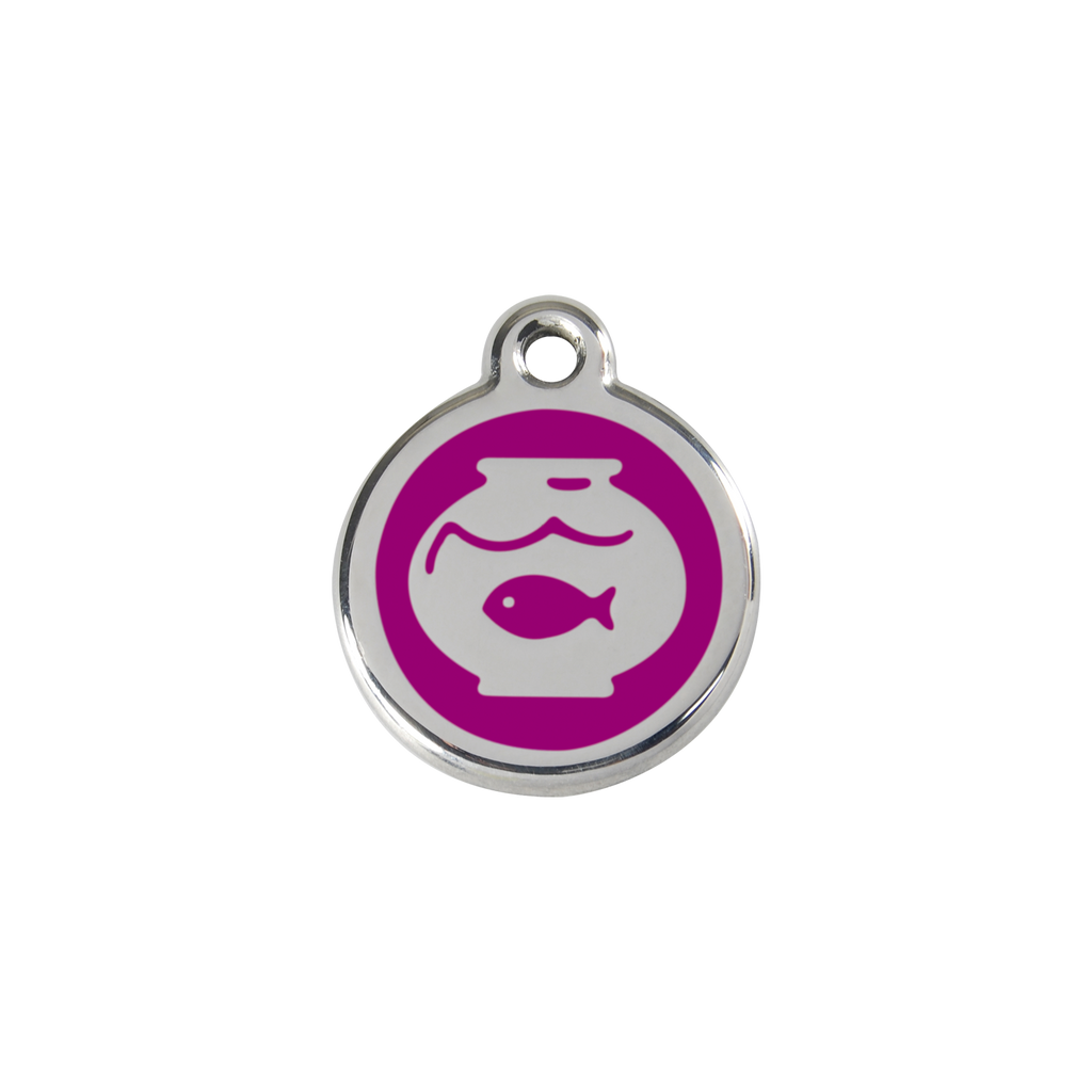Stainless steel cat ID tag with purple fish-in-bowl design