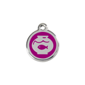 Stainless steel cat ID tag with purple fish-in-bowl design