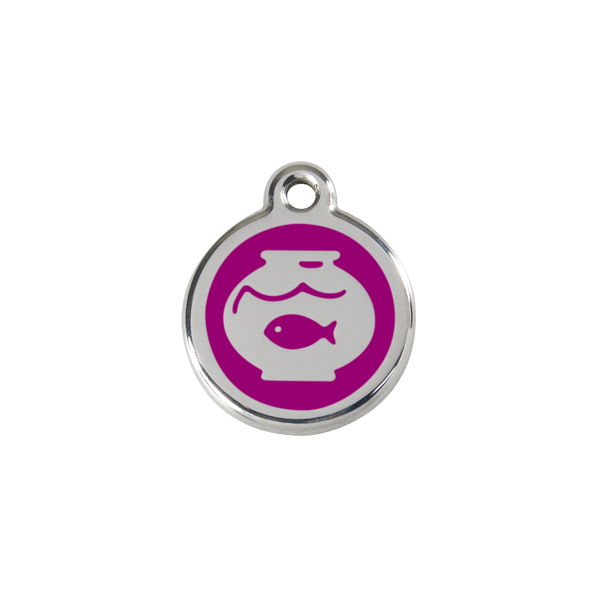 Stainless steel cat ID tag with purple fish-in-bowl design