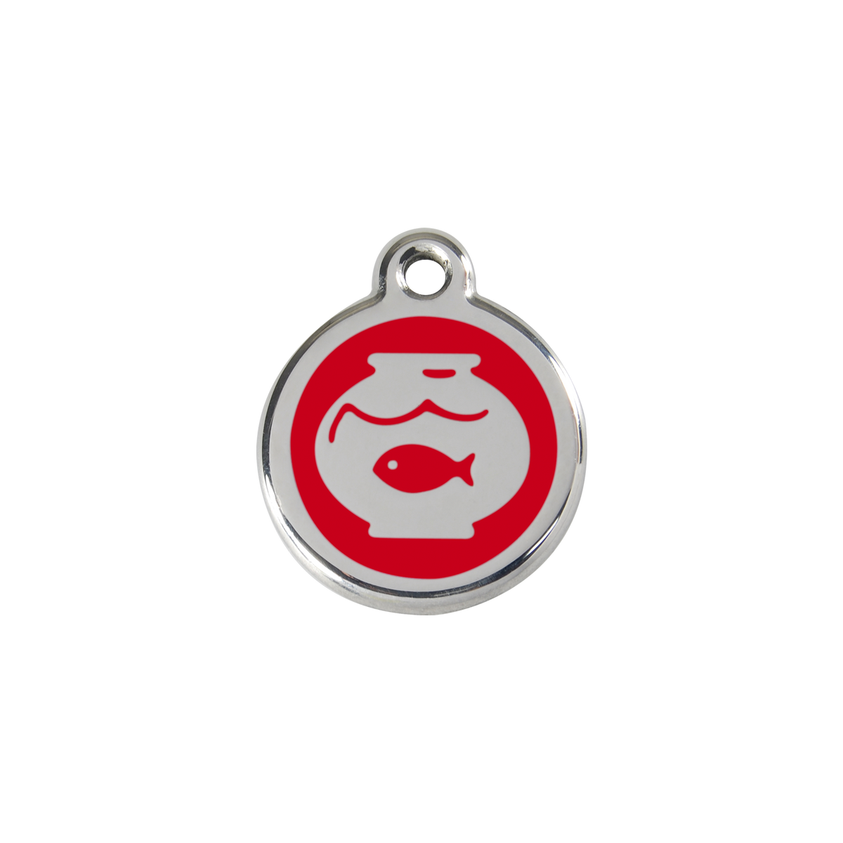 Stainless steel cat ID tag, fish-in-bowl icon with red center and hanging hole