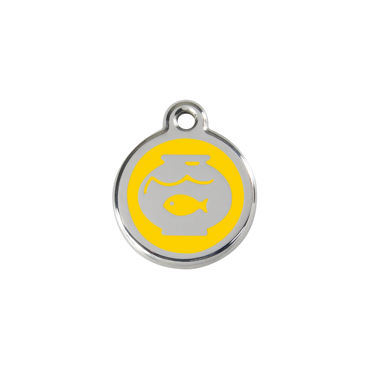 Stainless steel cat ID tag, fish-in-bowl icon with yellow center and hanging hole