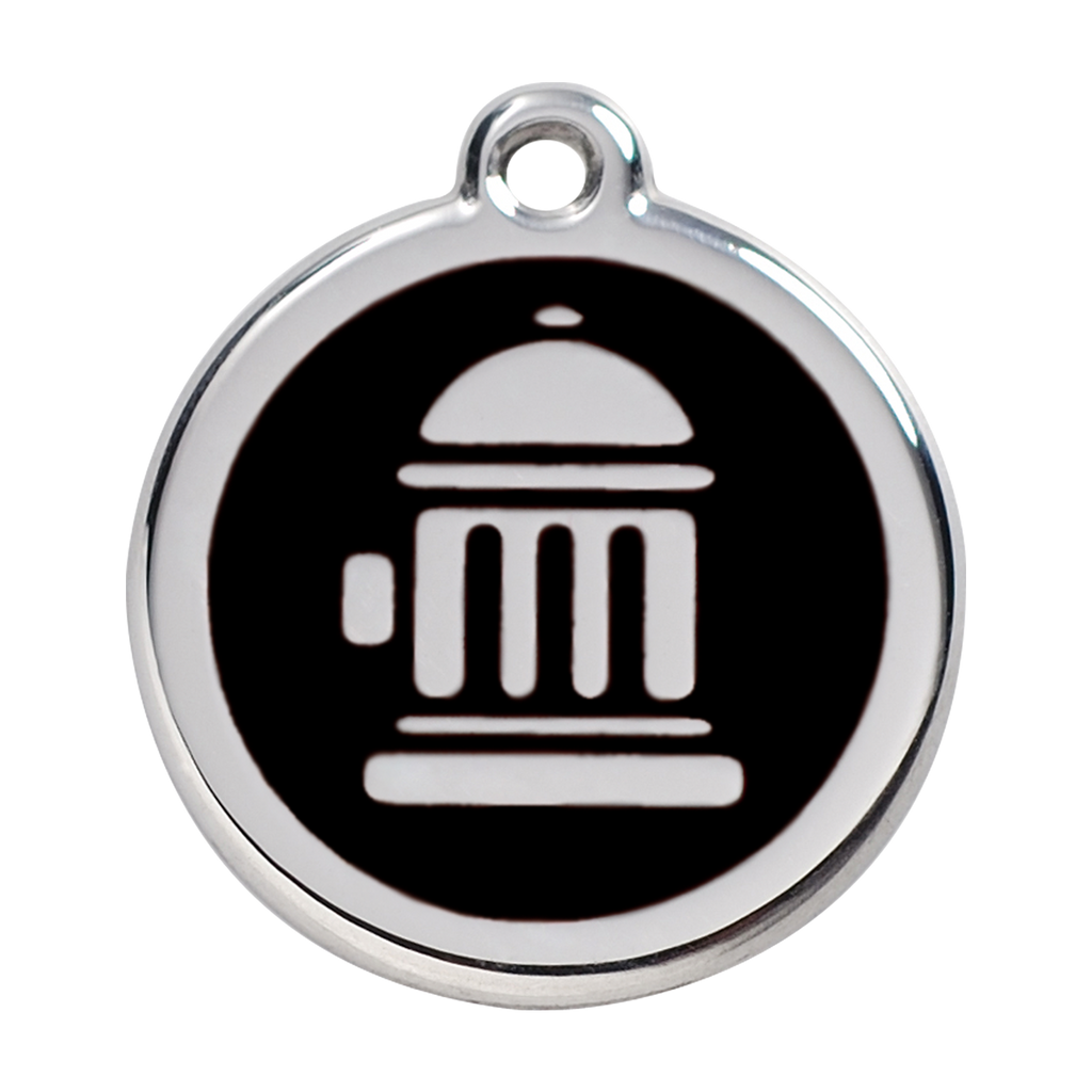 Stainless steel dog ID tag with dark enamel fire hydrant icon