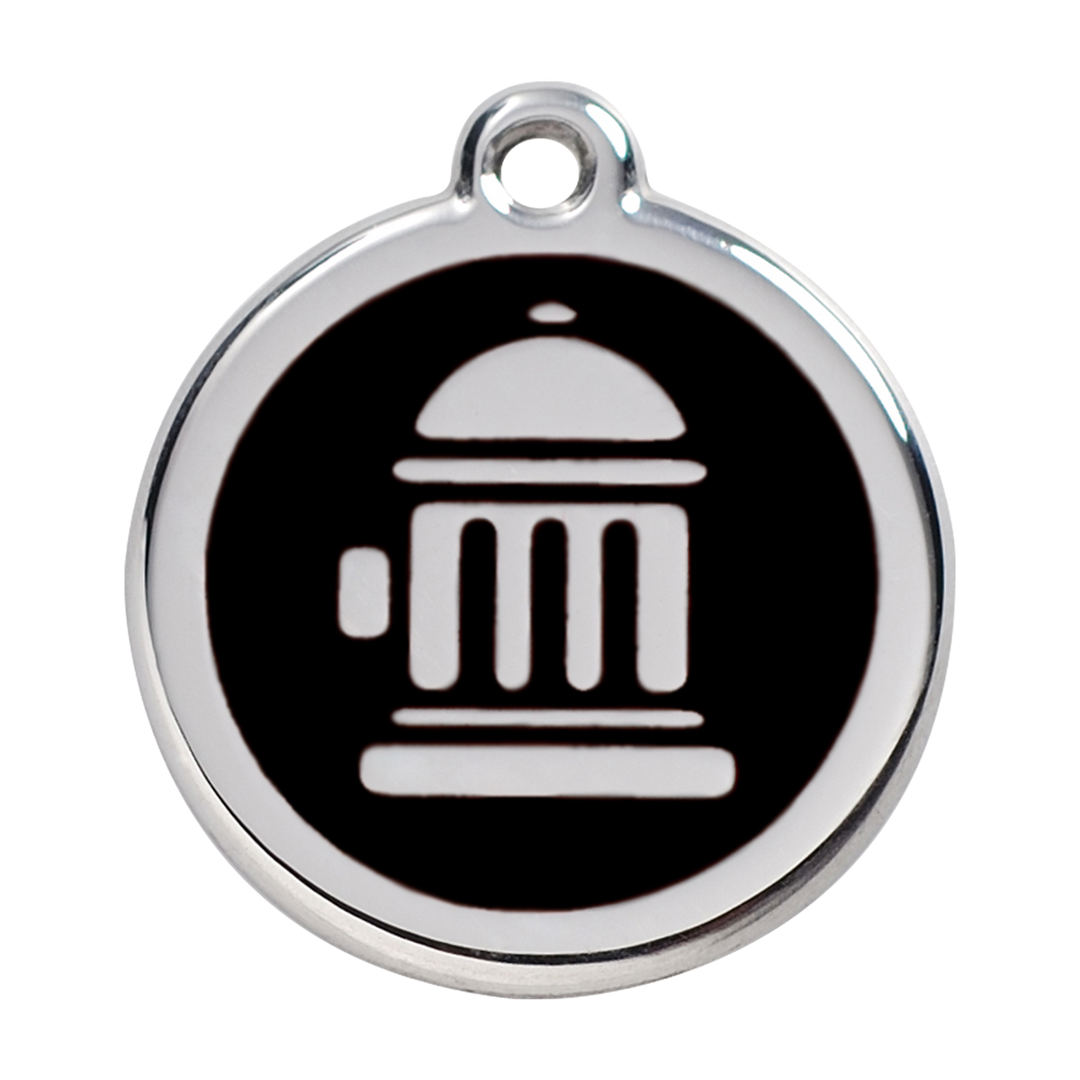 Stainless steel dog ID tag with dark enamel fire hydrant icon