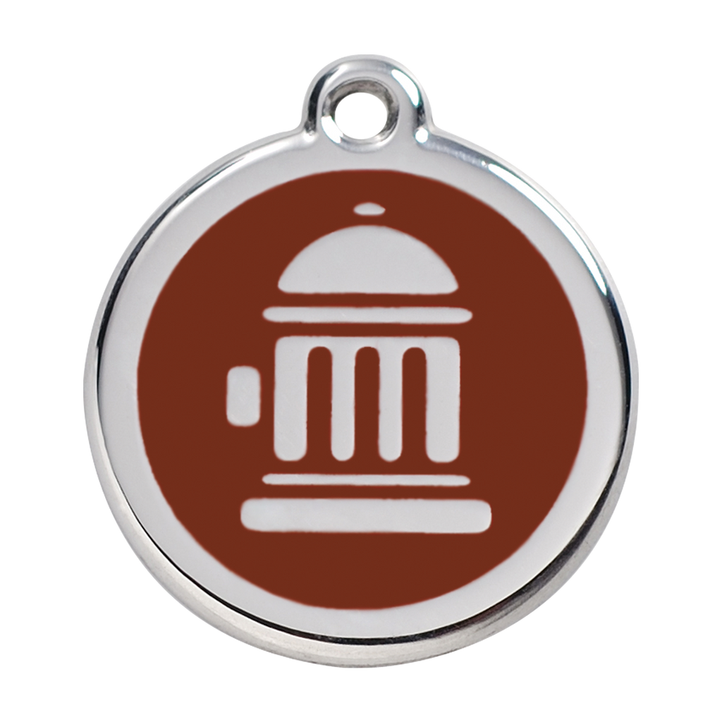 Stainless steel dog ID tag with brown enamel fire hydrant icon