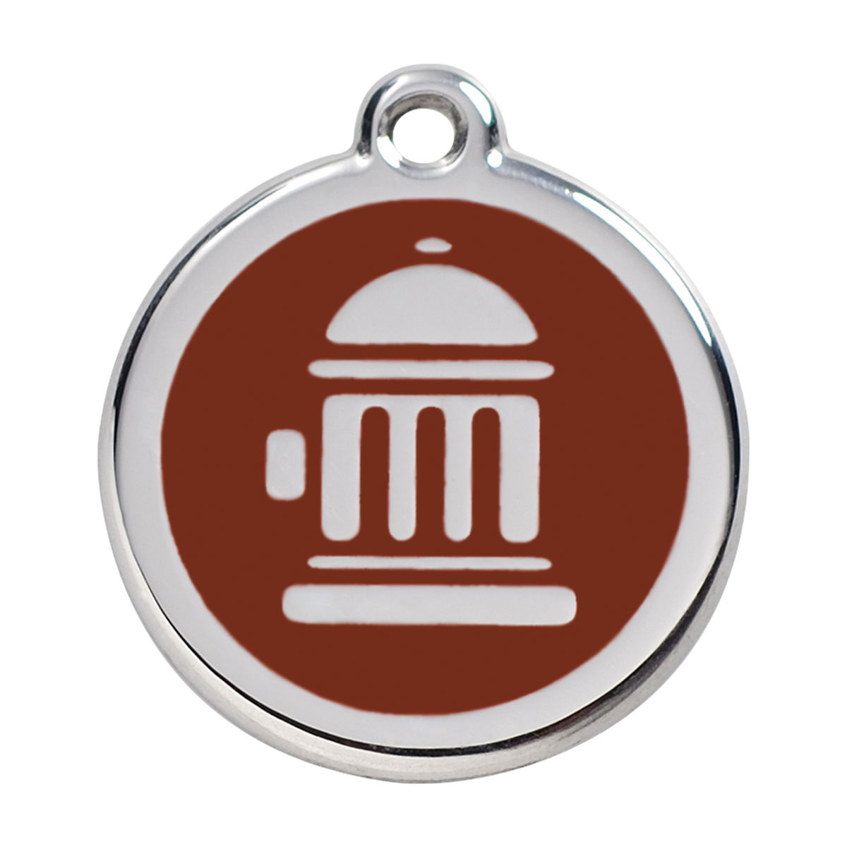 Stainless steel dog ID tag with brown enamel fire hydrant icon