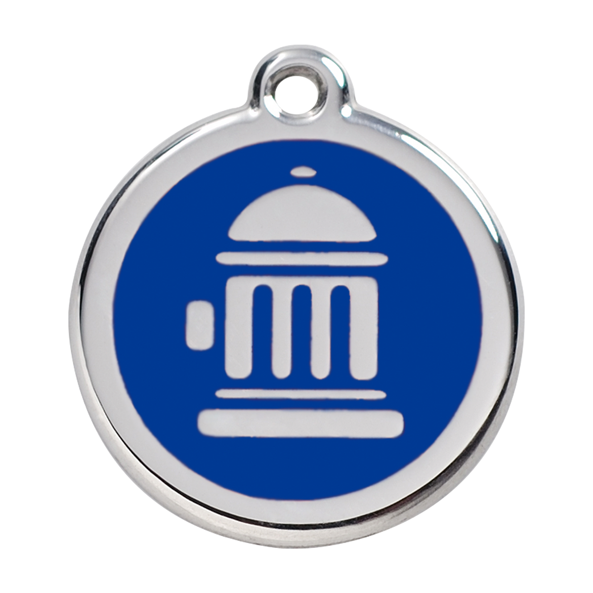 Stainless steel dog ID tag with dark blue enamel fire hydrant icon